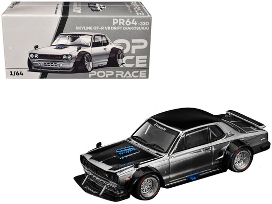 Skyline GT-R V8 Drift "Hakosuka" RHD (Right Hand Drive) Silver Chrome with Black Hood and Top 1/64 Diecast Model Car by Pop Race by Pop Race