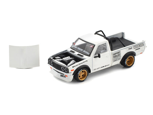 Datsun Pandem 620 Pickup Truck "Rocket Bunny Racing" White with Graphics 1/64 Diecast Model Car by Pop Race by Pop Race