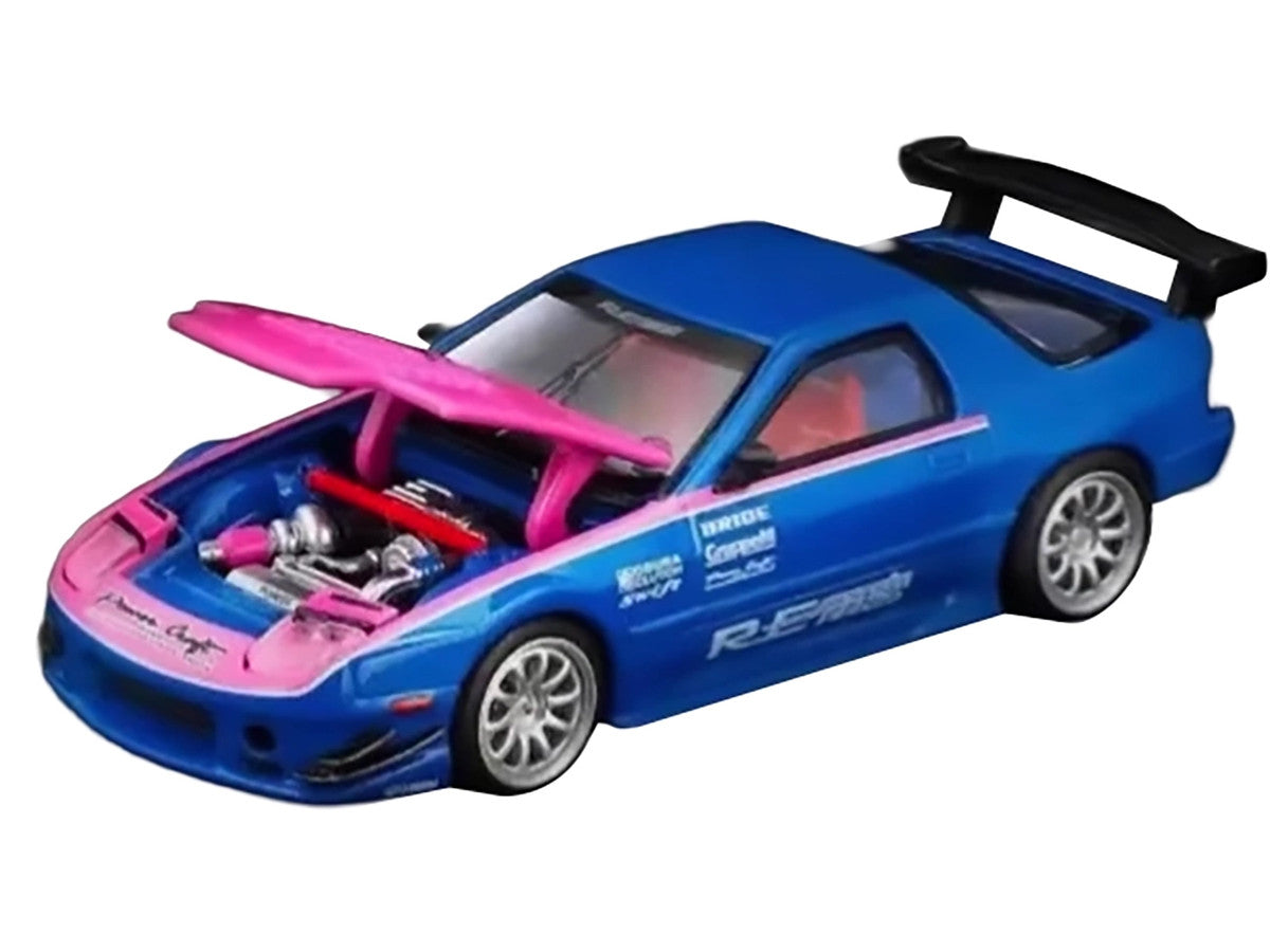 Mazda RX7 (FC3S) RE Amemiya RHD (Right Hand Drive) Blue Metallic with Pink Hood "APA XPO 2025 Exclusive" 1/64 Diecast Model Car by Pop Race by Pop Race