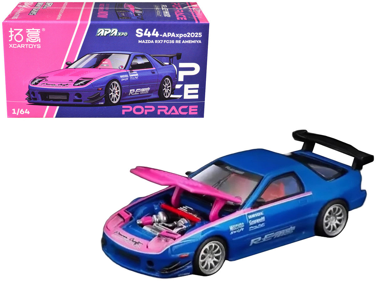 Mazda RX7 (FC3S) RE Amemiya RHD (Right Hand Drive) Blue Metallic with Pink Hood "APA XPO 2025 Exclusive" 1/64 Diecast Model Car by Pop Race by Pop Race
