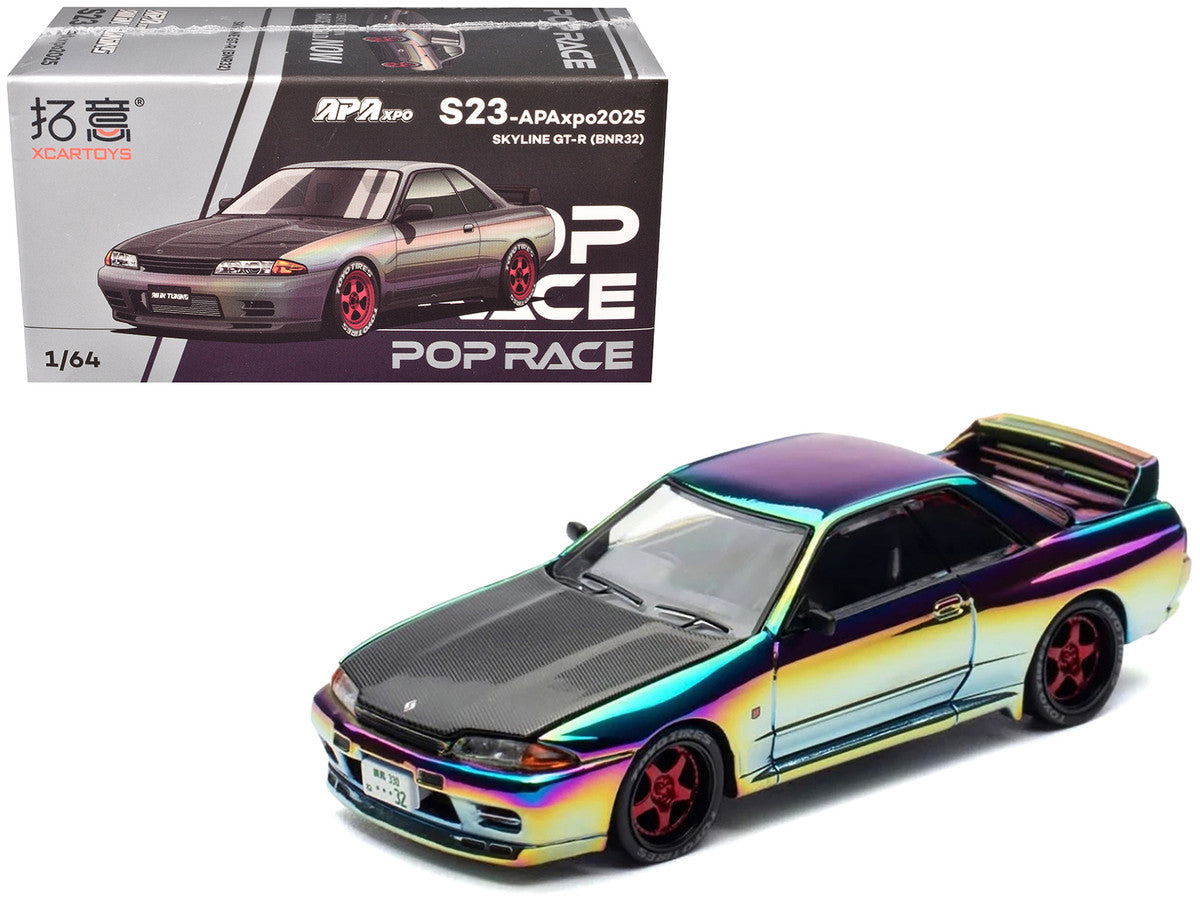 Skyline GT-R (BNR32) RHD (Right Hand Drive) Chameleon Chrome with Carbon Hood "APA XPO 2025 Exclusive 1/64 Diecast Model Car by Pop Race by Pop Race