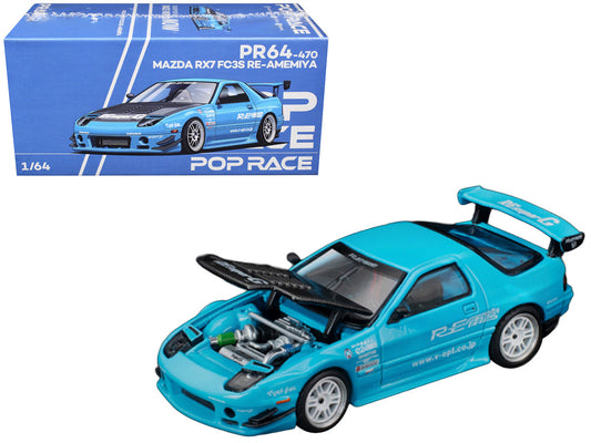 Mazda RX7 (FC3S) RE Amemiya RHD (Right Hand Drive) Light Blue with Carbon Hood "Tokyo Auto Salon 2026" 1/64 Diecast Model Car by Pop Race by Pop Race