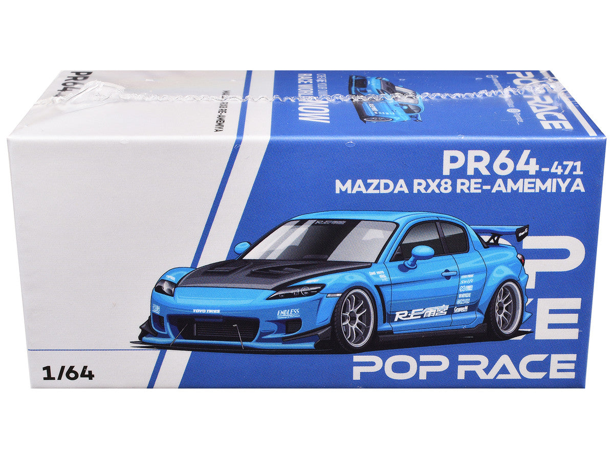 Mazda RX8 RE Amemiya RHD (Right Hand Drive) Light Blue with Carbon Hood "Tokyo Auto Salon 2026" 1/64 Diecast Model Car by Pop Race by Pop Race