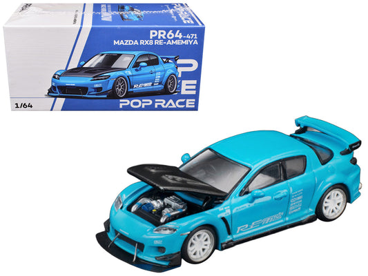 Mazda RX8 RE Amemiya RHD (Right Hand Drive) Light Blue with Carbon Hood "Tokyo Auto Salon 2026" 1/64 Diecast Model Car by Pop Race by Pop Race
