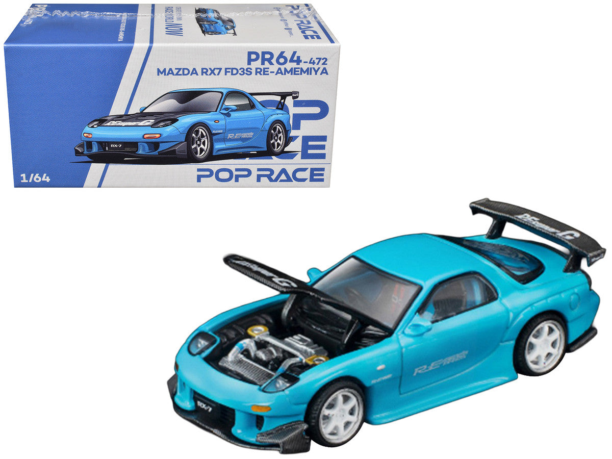 Mazda RX7 (FD3S) RE Amemiya RHD (Right Hand Drive) Light Blue with Carbon Hood "Tokyo Auto Salon 2026" 1/64 Diecast Model Car by Pop Race by Pop Race