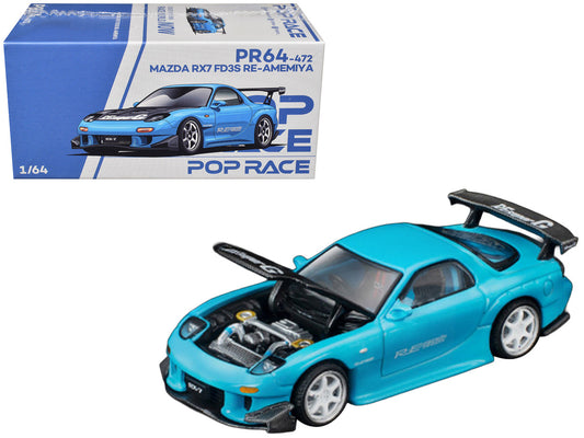 Mazda RX7 (FD3S) RE Amemiya RHD (Right Hand Drive) Light Blue with Carbon Hood "Tokyo Auto Salon 2026" 1/64 Diecast Model Car by Pop Race by Pop Race