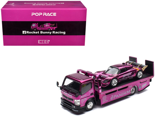 Nissan Pandem Fuso-300 Flatbed Truck RHD (Right Hand Drive) Purple Chrome and Lotus Pandem Elise Purple Chrome with Graphics 2 Car Box Set "Hobby Expo China 2026" 1/64 Diecast Model Car by Pop Race by Pop Race