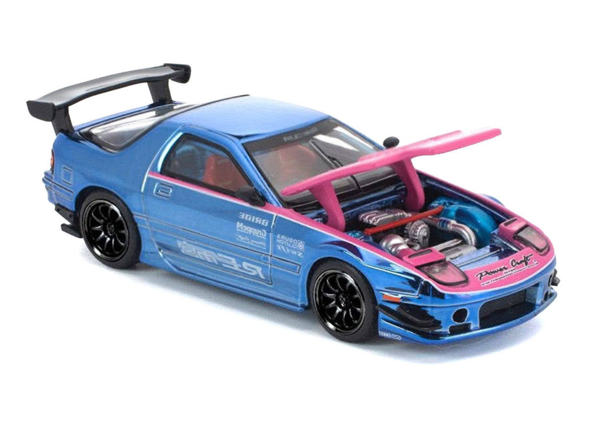 Mazda RX7 (FC3S) RE Amemiya RHD (Right Hand Drive) Blue Chrome with Pink Hood "Street 7 Chrome" 1/64 Diecast Model Car by Pop Race by Pop Race