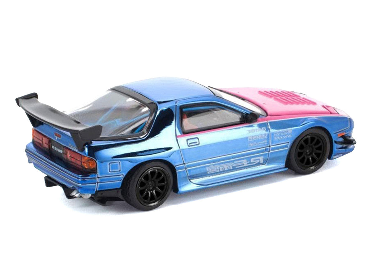 Mazda RX7 (FC3S) RE Amemiya RHD (Right Hand Drive) Blue Chrome with Pink Hood "Street 7 Chrome" 1/64 Diecast Model Car by Pop Race by Pop Race