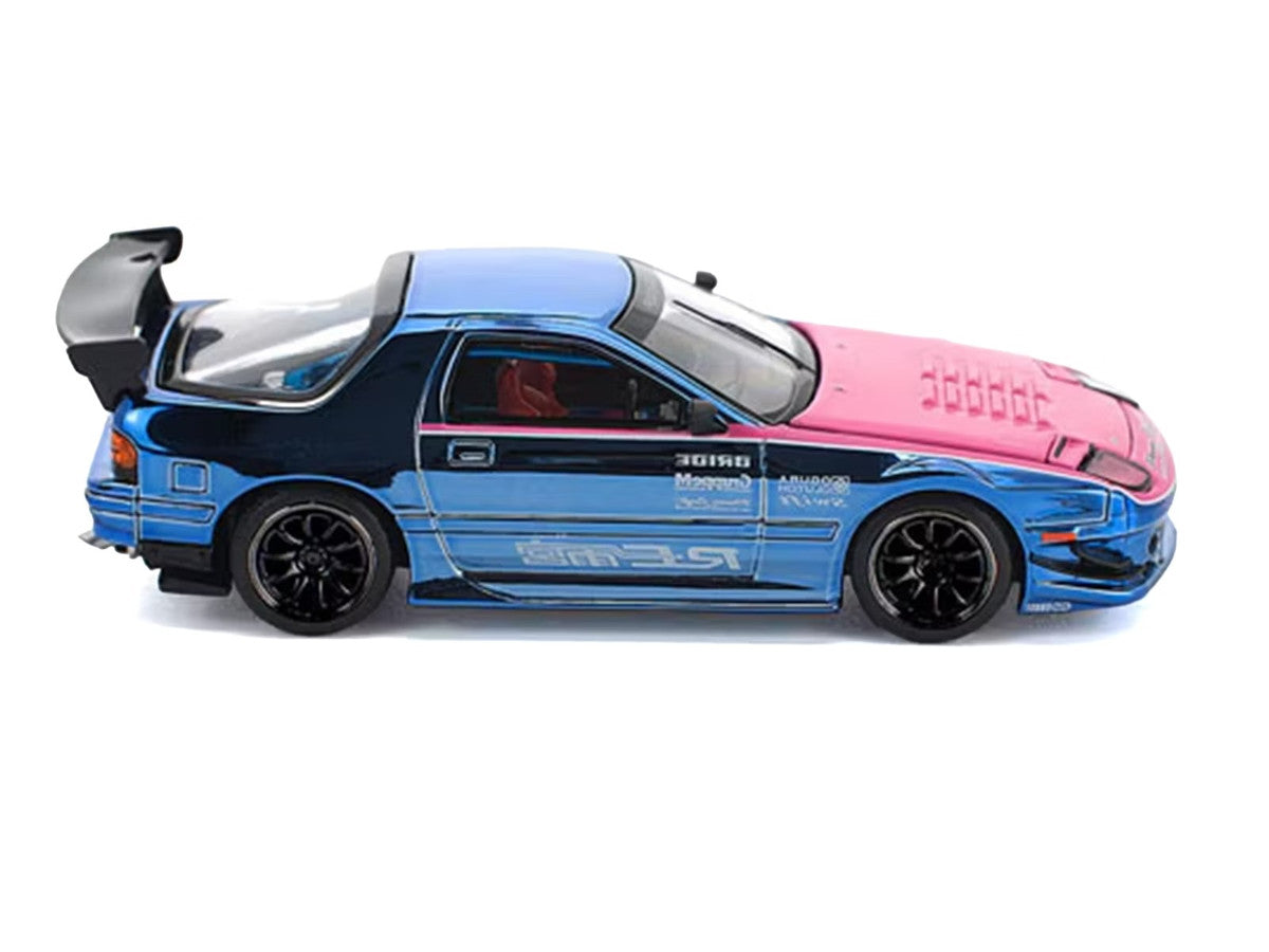Mazda RX7 (FC3S) RE Amemiya RHD (Right Hand Drive) Blue Chrome with Pink Hood "Street 7 Chrome" 1/64 Diecast Model Car by Pop Race by Pop Race