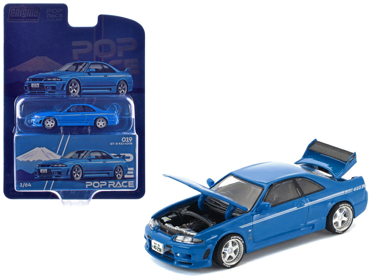 GT-R R33 400R RHD (Right Hand Drive) Champion Blue with White Stripes "Enigma Exclusive Edition" 1/64 Die Cast Model Car by Pop Race-0