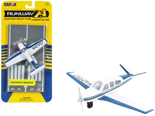 Beechcraft Bonanza Aircraft White with Blue Stripes "N42997" with Runway Section Diecast Model Airplane by Runway24 by Runway24