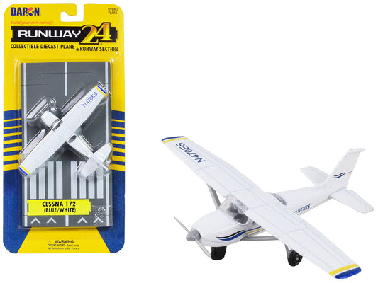 Cessna 172 Aircraft White with Blue and Yellow Stripes "N470ES" with Runway Section Diecast Model Airplane by Runway24 by Runway24
