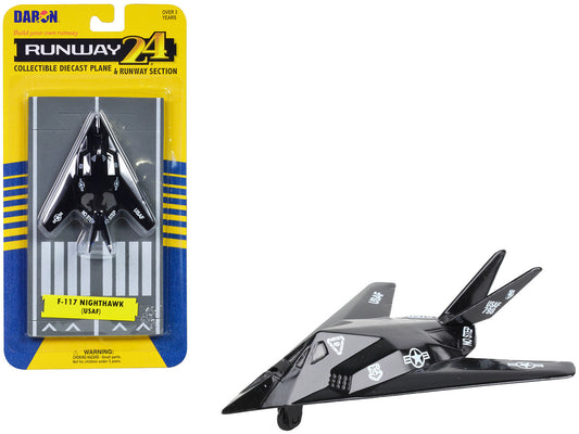 Lockheed F-117 Nighthawk Stealth Aircraft Black "United States Air Force" with Runway Section Diecast Model Airplane by Runway24 by Runway24