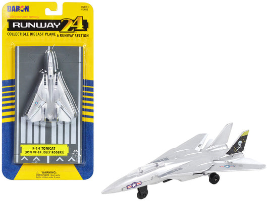 Grumman F-14 Tomcat Fighter Aircraft Silver Metallic "United States Navy VF-84 Jolly Rogers" with Runway Section Diecast Model Airplane by Runway24 by Runway24