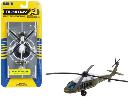 Sikorsky VH-60 White Hawk Helicopter Olive Drab with White Top "United States Presidential Helicopter - Marine One" with Runway Section Diecast Model by Runway24 by Runway24