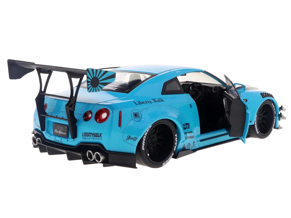 2023 Nissan GT-R (R35) Liberty Walk Body Kit 2.0 RHD (Right Hand Drive) Baby Blue with Carbon Hood 1/18 Diecast Model Car by Solido by Solido