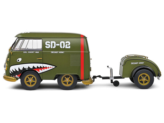 1950 Volkswagen Kool Kombi Van with Trailer "Army Fighter" Green with Graphics 1/18 Diecast Model Car by Solido by Solido