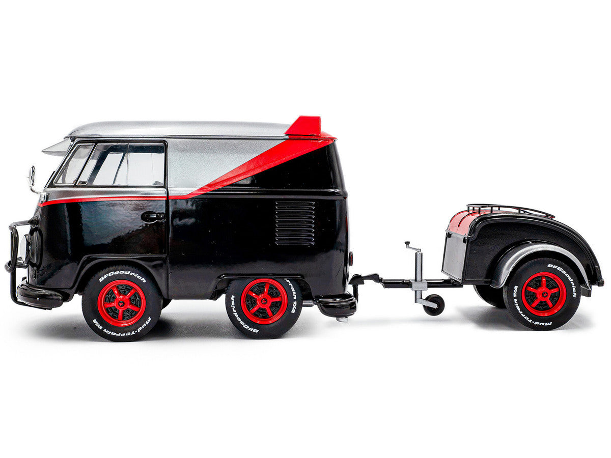 2024 Volkswagen Kool Kombi Sport Van with Trailer Black and Silver with Red Stripe 1/18 Diecast Model Car by Solido by Solido