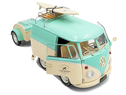 2024 Volkswagen Cool Combi Van with Trailer "Long Beach Surfing Club" Mint Green and Cream with Roof Rack and Surfboard 1/18 Diecast Model Car by Solido by Solido