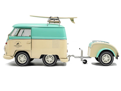 2024 Volkswagen Cool Combi Van with Trailer "Long Beach Surfing Club" Mint Green and Cream with Roof Rack and Surfboard 1/18 Diecast Model Car by Solido by Solido