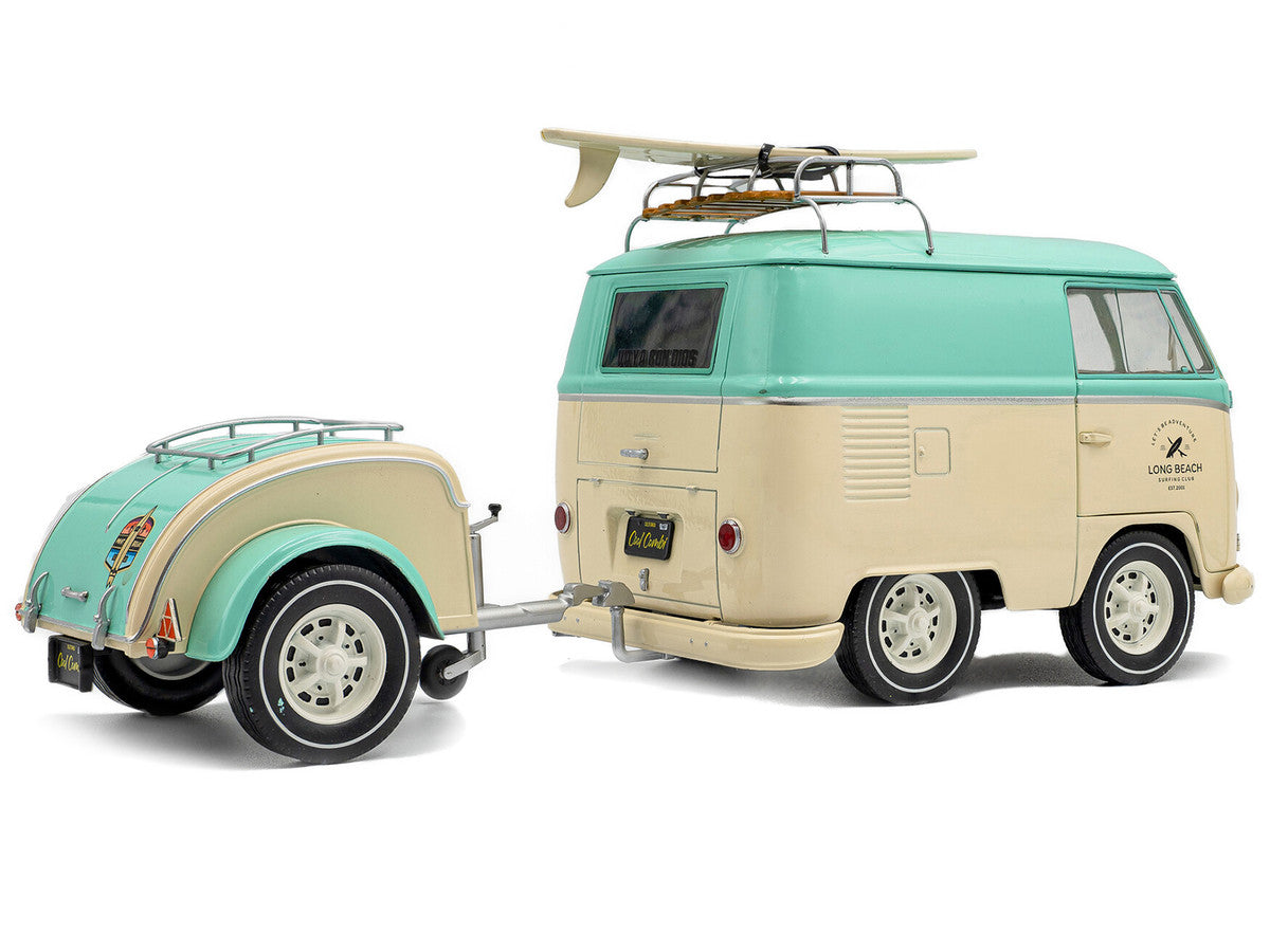 2024 Volkswagen Cool Combi Van with Trailer "Long Beach Surfing Club" Mint Green and Cream with Roof Rack and Surfboard 1/18 Diecast Model Car by Solido by Solido