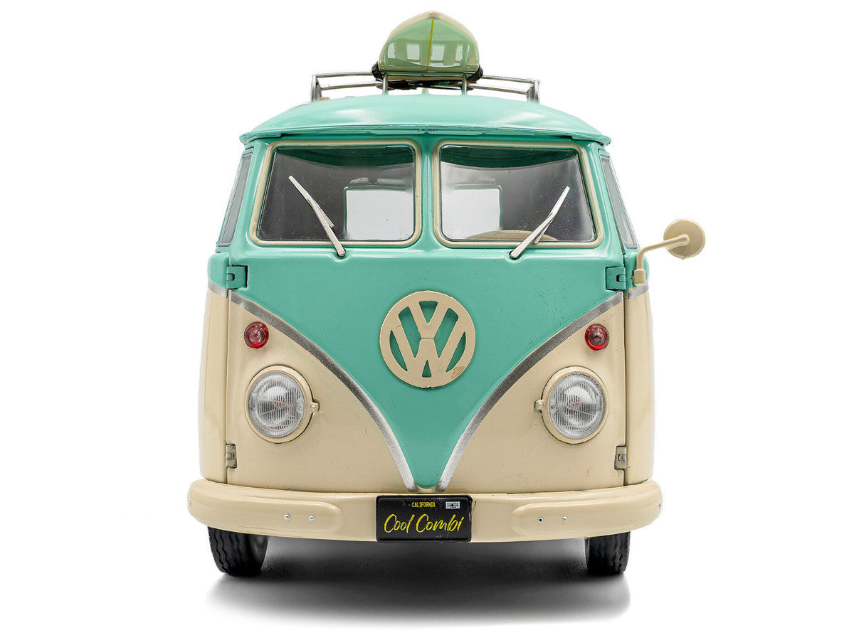 2024 Volkswagen Cool Combi Van with Trailer "Long Beach Surfing Club" Mint Green and Cream with Roof Rack and Surfboard 1/18 Diecast Model Car by Solido by Solido