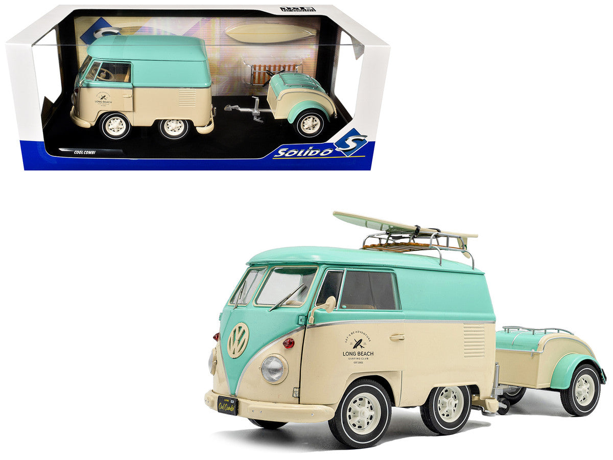 2024 Volkswagen Cool Combi Van with Trailer "Long Beach Surfing Club" Mint Green and Cream with Roof Rack and Surfboard 1/18 Diecast Model Car by Solido by Solido