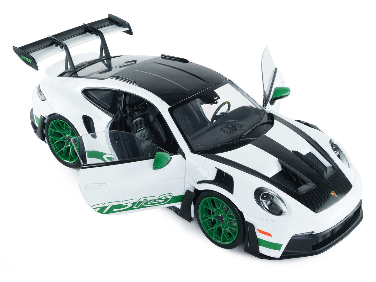 2024 Porsche 911 GT3 RS "Tribute to Carrera RS Package" White with Carbon Hood Stripes and Top and Green Side Stripes and Wheels 1/18 Diecast Model Car by Solido by Solido