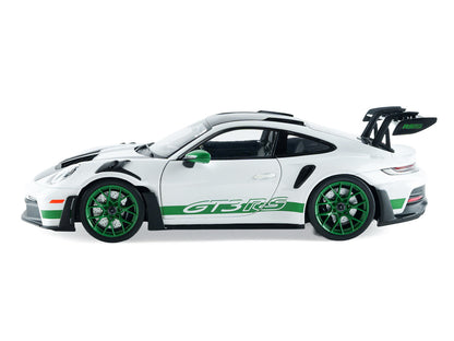 2024 Porsche 911 GT3 RS "Tribute to Carrera RS Package" White with Carbon Hood Stripes and Top and Green Side Stripes and Wheels 1/18 Diecast Model Car by Solido by Solido