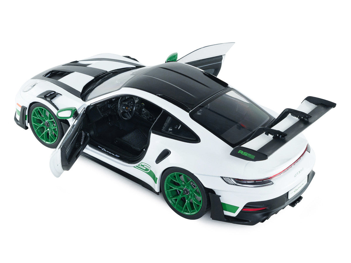 2024 Porsche 911 GT3 RS "Tribute to Carrera RS Package" White with Carbon Hood Stripes and Top and Green Side Stripes and Wheels 1/18 Diecast Model Car by Solido by Solido