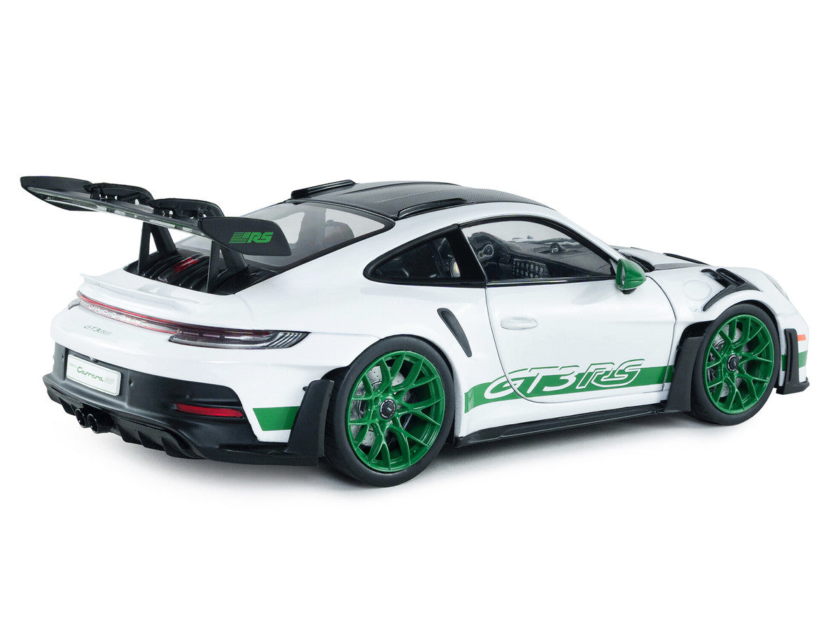 2024 Porsche 911 GT3 RS "Tribute to Carrera RS Package" White with Carbon Hood Stripes and Top and Green Side Stripes and Wheels 1/18 Diecast Model Car by Solido by Solido