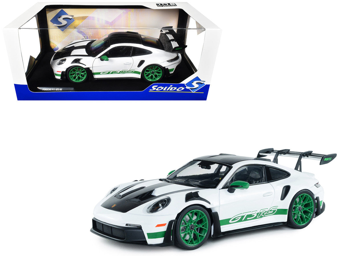 2024 Porsche 911 GT3 RS "Tribute to Carrera RS Package" White with Carbon Hood Stripes and Top and Green Side Stripes and Wheels 1/18 Diecast Model Car by Solido by Solido