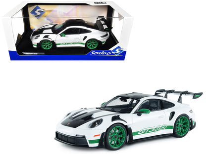 2024 Porsche 911 GT3 RS "Tribute to Carrera RS Package" White with Carbon Hood Stripes and Top and Green Side Stripes and Wheels 1/18 Diecast Model Car by Solido by Solido