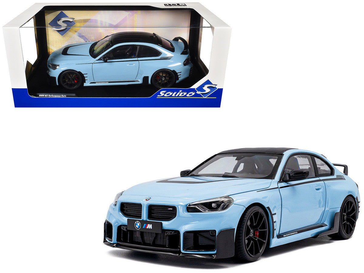 2024 BMW M2 Performance Parts Zandvoort Blue with Carbon Top and Black Stripes 1/18 Diecast Model Car by Solido by Solido
