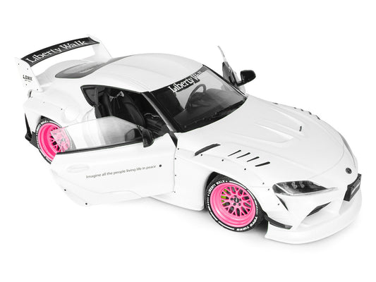 2025 Toyota GR Supra "Liberty Walk" Body Kit White Metallic with Pink Wheels 1/18 Diecast Model Car by Solido by Solido