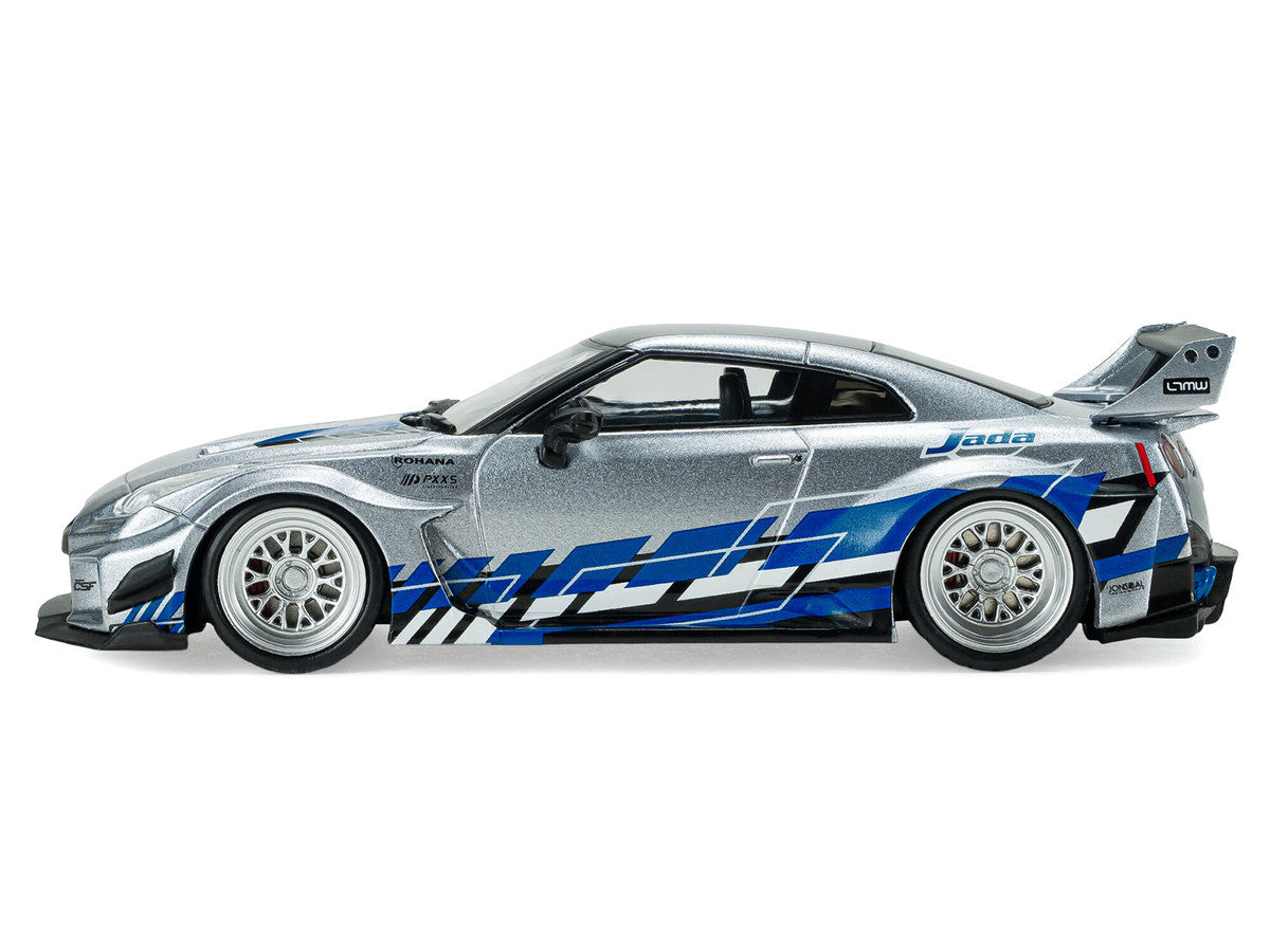 2020 Nissan GT-R (R35) Liberty Walk Silhouette RHD (Right Hand Drive) Silver Metallic with Black Top and Blue Graphics 1/43 Diecast Model Car by Solido by Solido