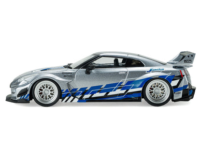 2020 Nissan GT-R (R35) Liberty Walk Silhouette RHD (Right Hand Drive) Silver Metallic with Black Top and Blue Graphics 1/43 Diecast Model Car by Solido by Solido