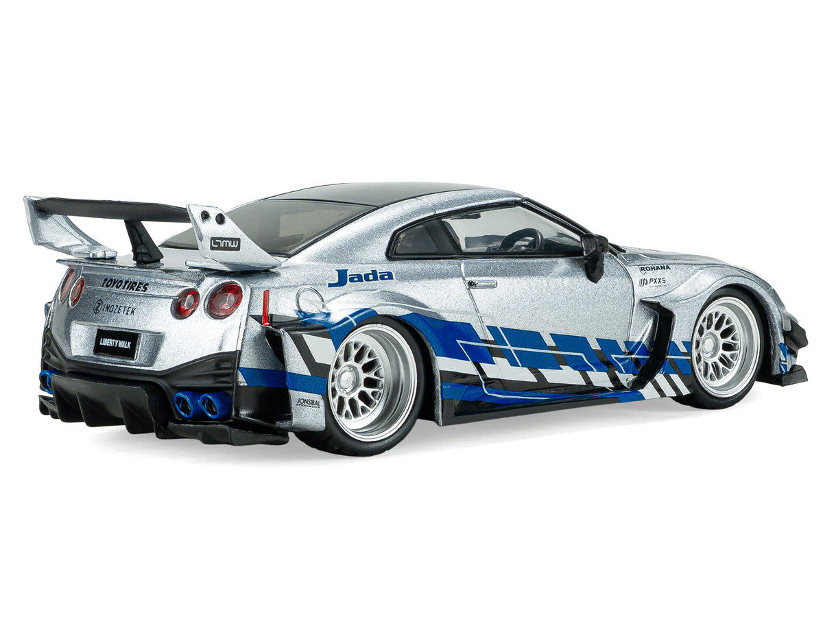 2020 Nissan GT-R (R35) Liberty Walk Silhouette RHD (Right Hand Drive) Silver Metallic with Black Top and Blue Graphics 1/43 Diecast Model Car by Solido by Solido