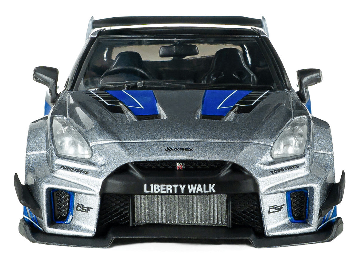 2020 Nissan GT-R (R35) Liberty Walk Silhouette RHD (Right Hand Drive) Silver Metallic with Black Top and Blue Graphics 1/43 Diecast Model Car by Solido by Solido
