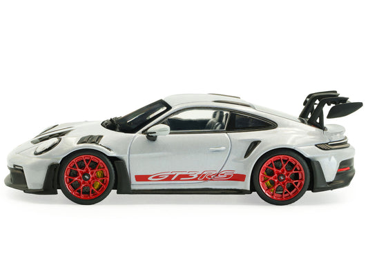 2023 Porsche 911 (992) GT3 RS Ice Gray Metallic with Pyro Red Stripes 1/43 Diecast Model Car by Solido by Solido