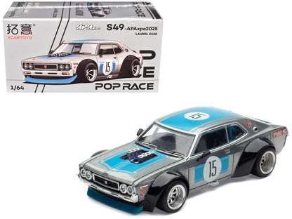 Datsun Laurel C130 RHD (Right Hand Drive) #15 Raw Metal with Blue Stripes "APA XPO 2025 Exclusive" 1/64 Diecast Model Car by Pop Race by Pop Race