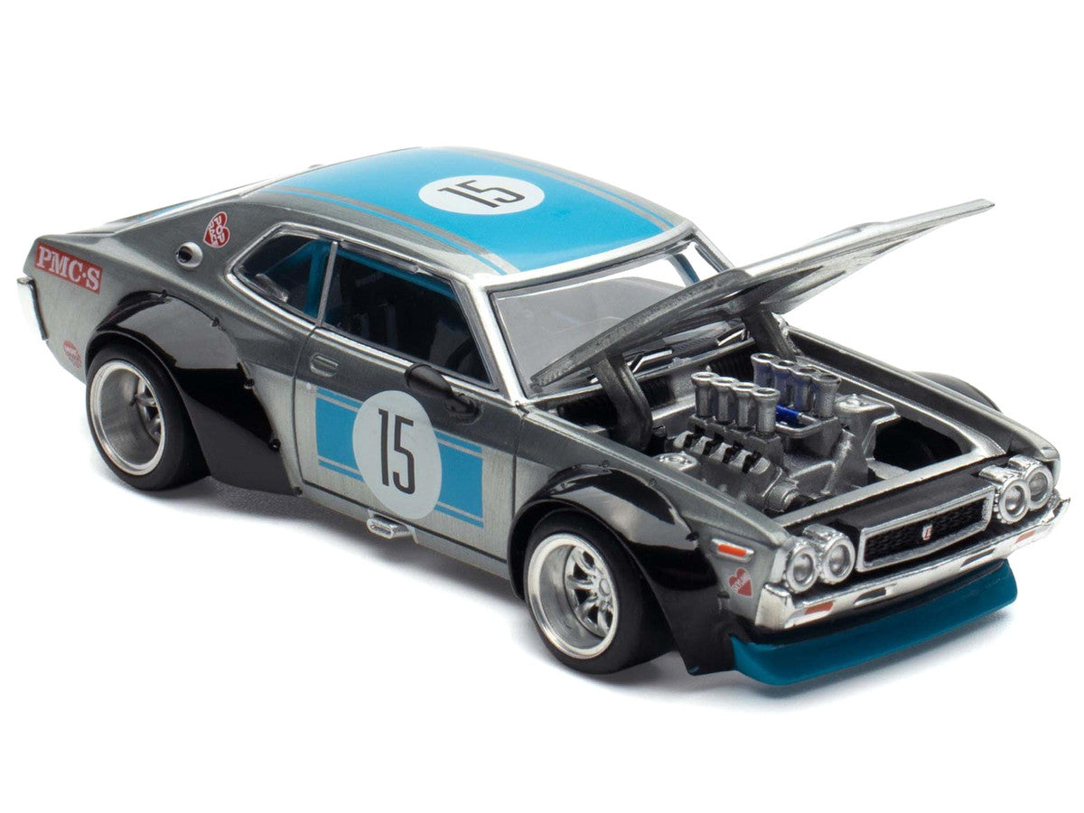 Datsun Laurel C130 RHD (Right Hand Drive) #15 Raw Metal with Blue Stripes "APA XPO 2025 Exclusive" 1/64 Diecast Model Car by Pop Race by Pop Race
