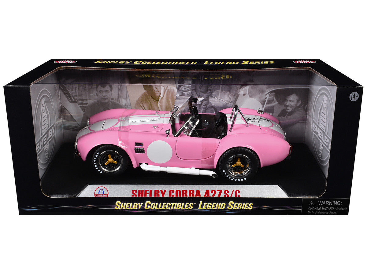 1965 Shelby Cobra 427 S/C Pink with White Stripes with Printed Carroll Shelby Signature's on the Trunk 1/18 Diecast Model Car by Shelby Collectibles by Shelby Collectibles