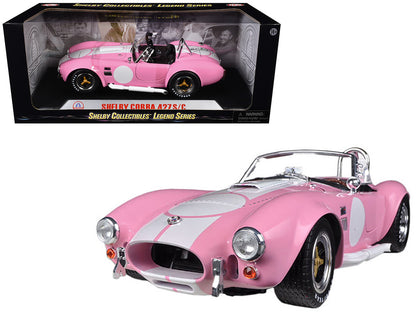1965 Shelby Cobra 427 S/C Pink with White Stripes with Printed Carroll Shelby Signature's on the Trunk 1/18 Diecast Model Car by Shelby Collectibles by Shelby Collectibles