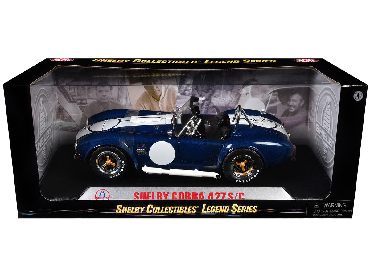 1965 Shelby Cobra 427 S/C Dark Blue Metallic with White Stripes with Printed Carroll Shelby's Signature on the Trunk 1/18 Diecast Model Car by Shelby Collectibles by Shelby Collectibles