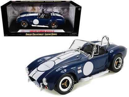 1965 Shelby Cobra 427 S/C Dark Blue Metallic with White Stripes with Printed Carroll Shelby's Signature on the Trunk 1/18 Diecast Model Car by Shelby Collectibles by Shelby Collectibles