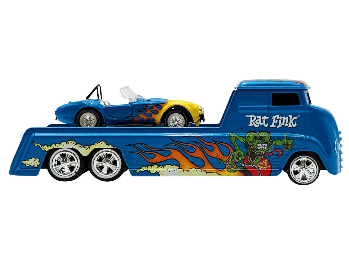 Shelby Cobra Super Snake Blue Metallic with Flames and Custom "Rat Fink" Hauler Blue Metallic with Flames and Graphics 1/64 Diecast Model Cars by ACME by Acme