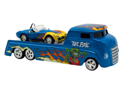 Shelby Cobra Super Snake Blue Metallic with Flames and Custom "Rat Fink" Hauler Blue Metallic with Flames and Graphics 1/64 Diecast Model Cars by ACME by Acme