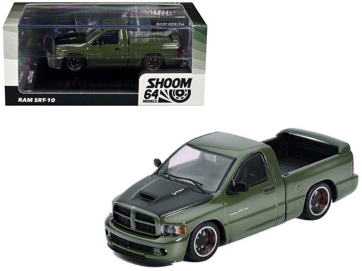 2003 Dodge Ram SRT-10 Pickup Truck Green Metallic with Matt Black Hood 1/64 Diecast Model Car by Shoom64 Models-1